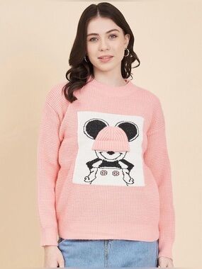 Women's Pink Crewneck Graphic Knit Sweater